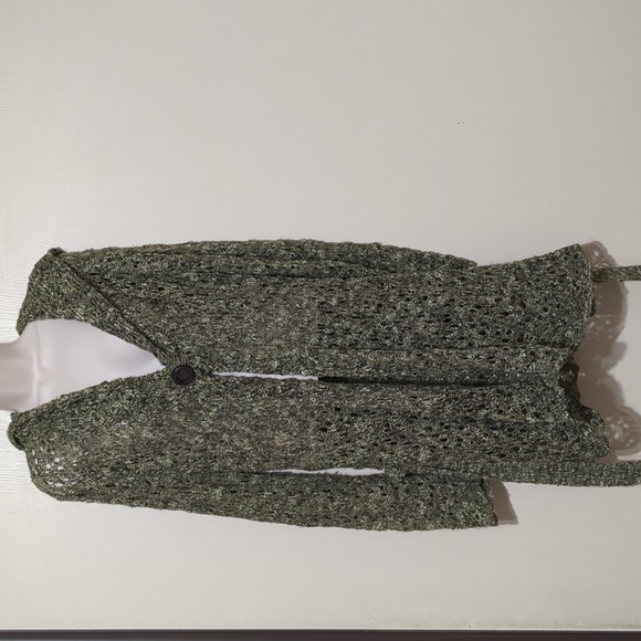 Intuitions Belted Long Knit Cardigan Hooded Coat Green Sweater Size Large - Picture 1 of 8